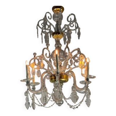 Lustre liégeois en verre soufflé et cristaux taillés, 6 bras de lumière, XVIIIème siècle