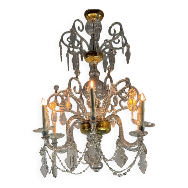 Lustre liégeois en verre soufflé et cristaux taillés, 6 bras de lumière, XVIIIème siècle — Beyit