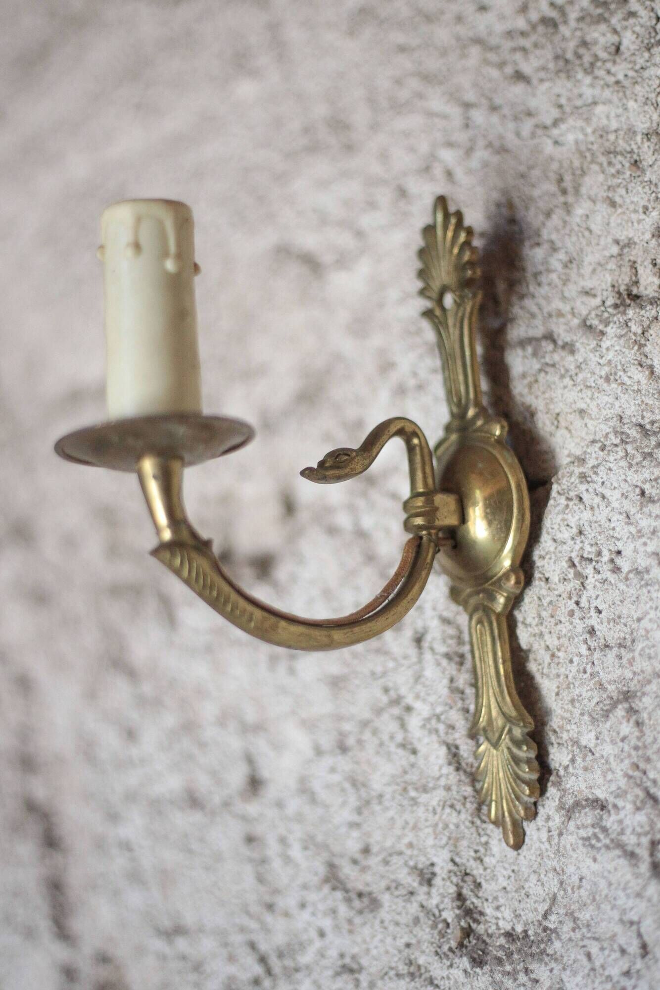 Pair of Empire style bronze wall lights, bronze wall light with palmette and swan neck.