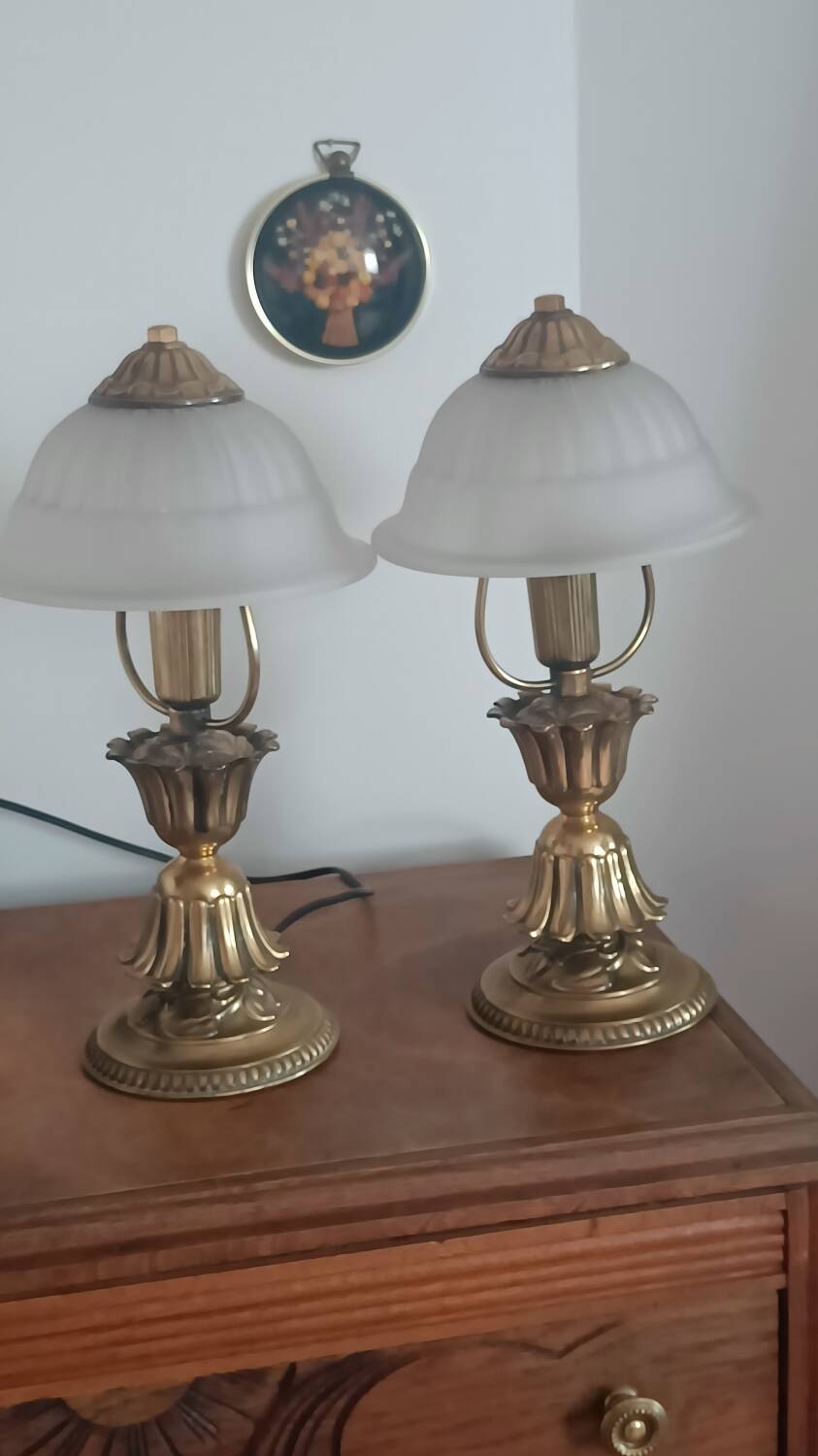 Vintage lamp in metal with brass finish and frosted opaline glass – 2 available