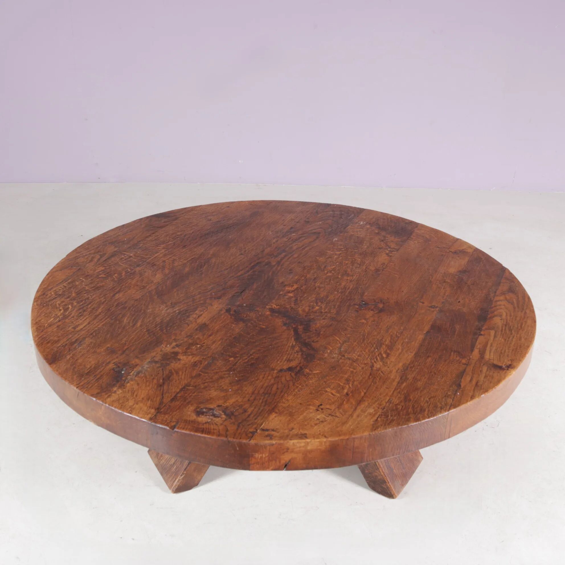 1970s round oak wood brutalist coffee table Netherlands