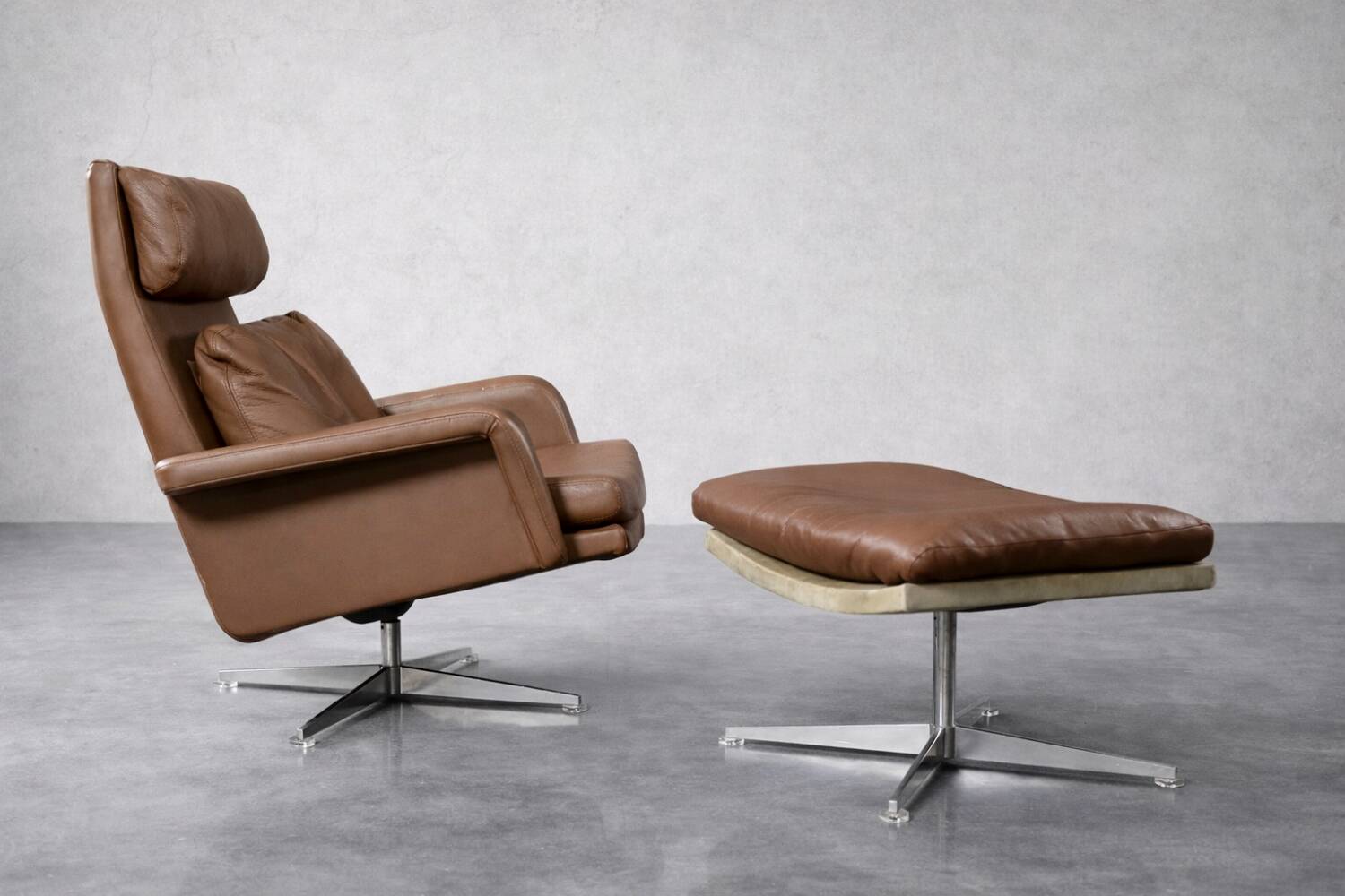 Vintage Mid-Century Danish Modern Brown Leather Swivel Chair and Ottoman