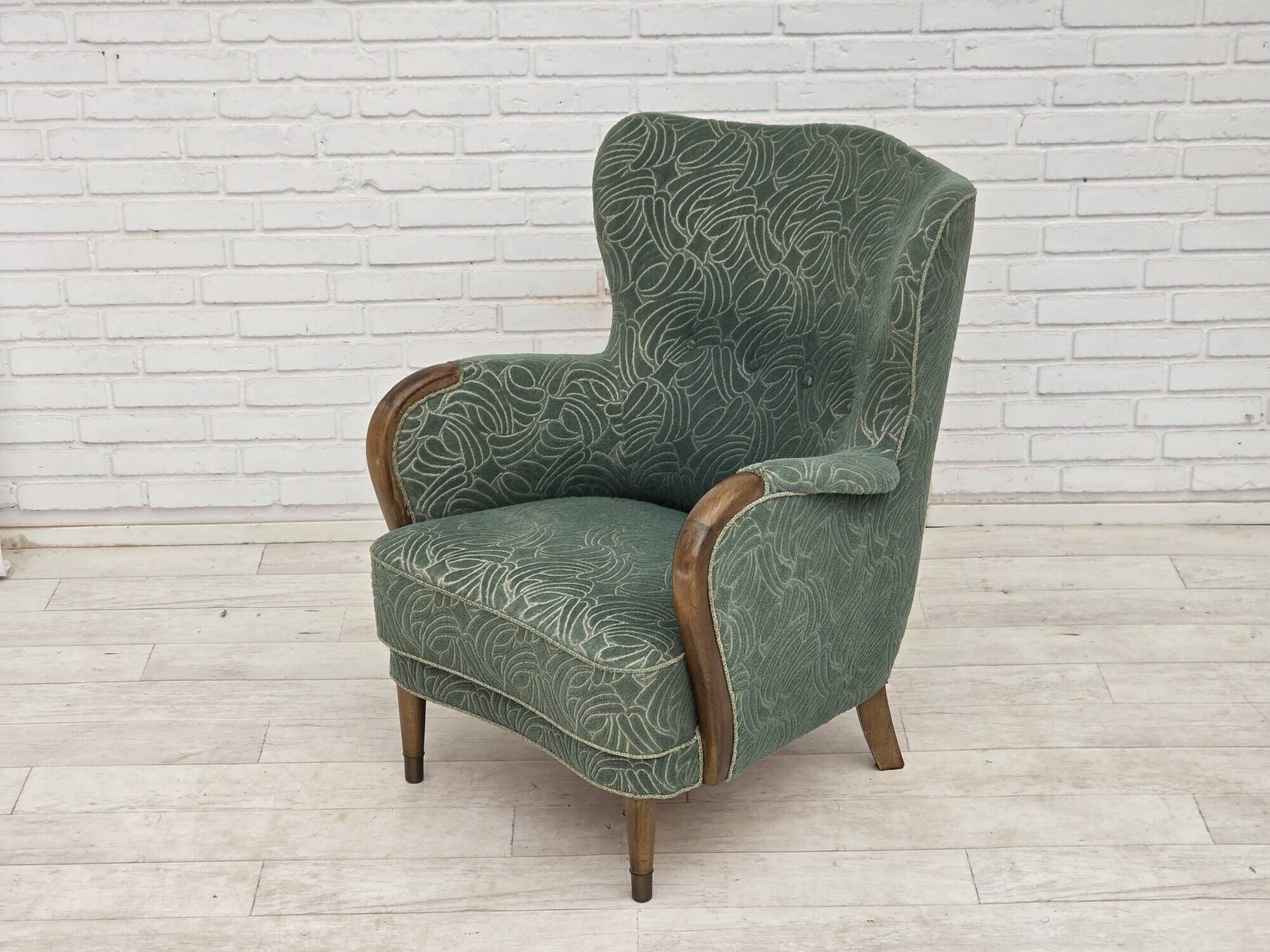 1960s, Danish armchair, green furniture velour, beech wood.