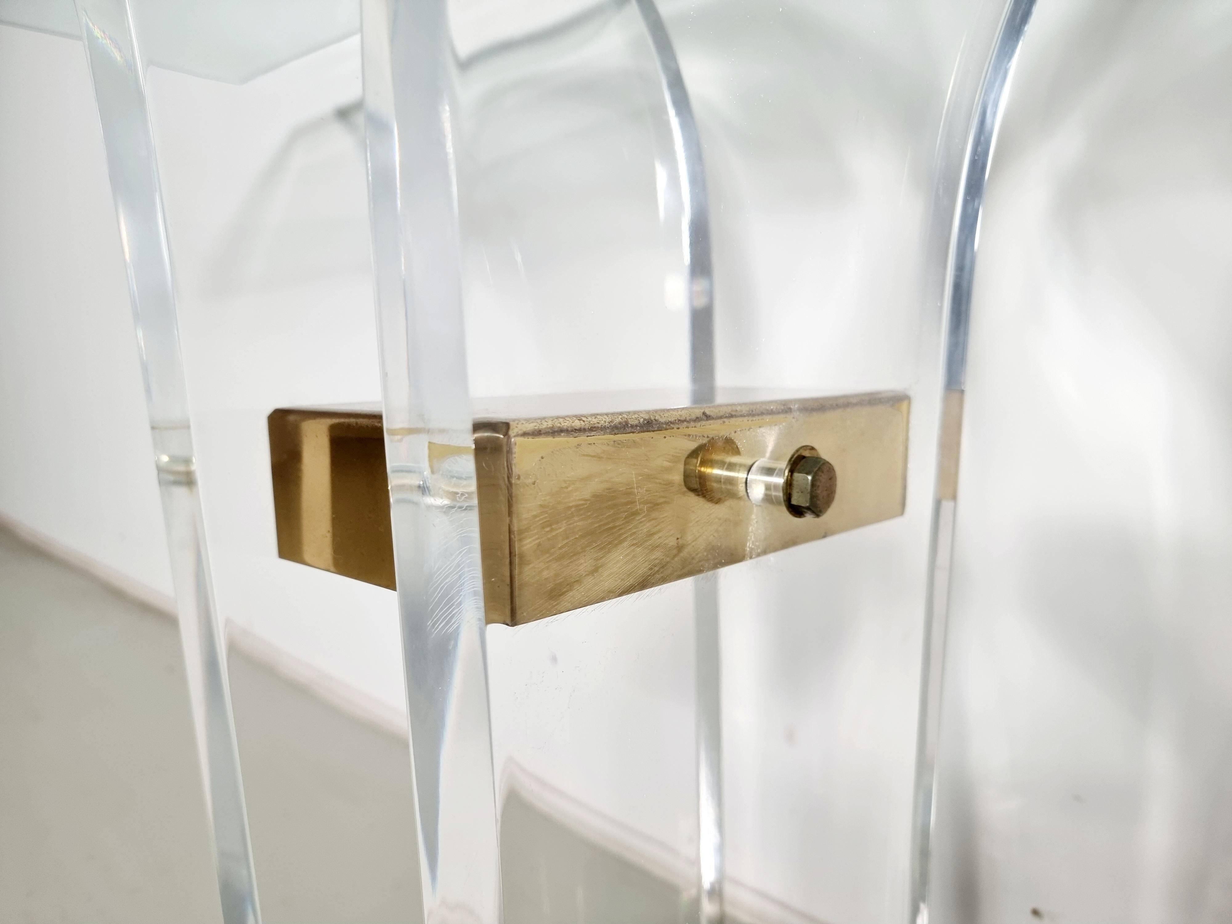 Console table by Charles Hollis Jones in lucite, brass, and glass, 1970.