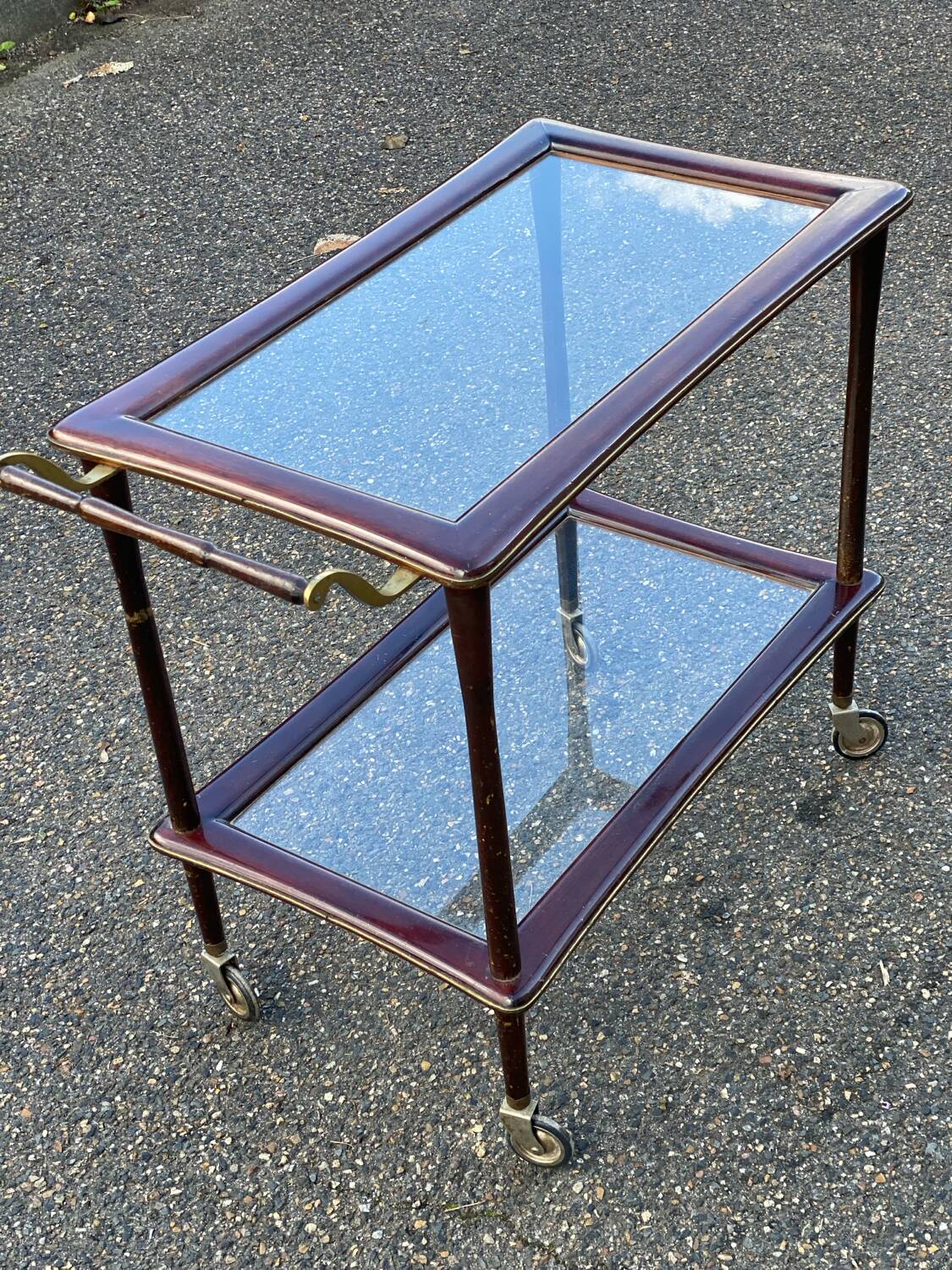 Vintage glass and rosewood Lacca style serving trolley
