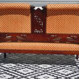 Vintage bench in wood and orange/ivory velvet.