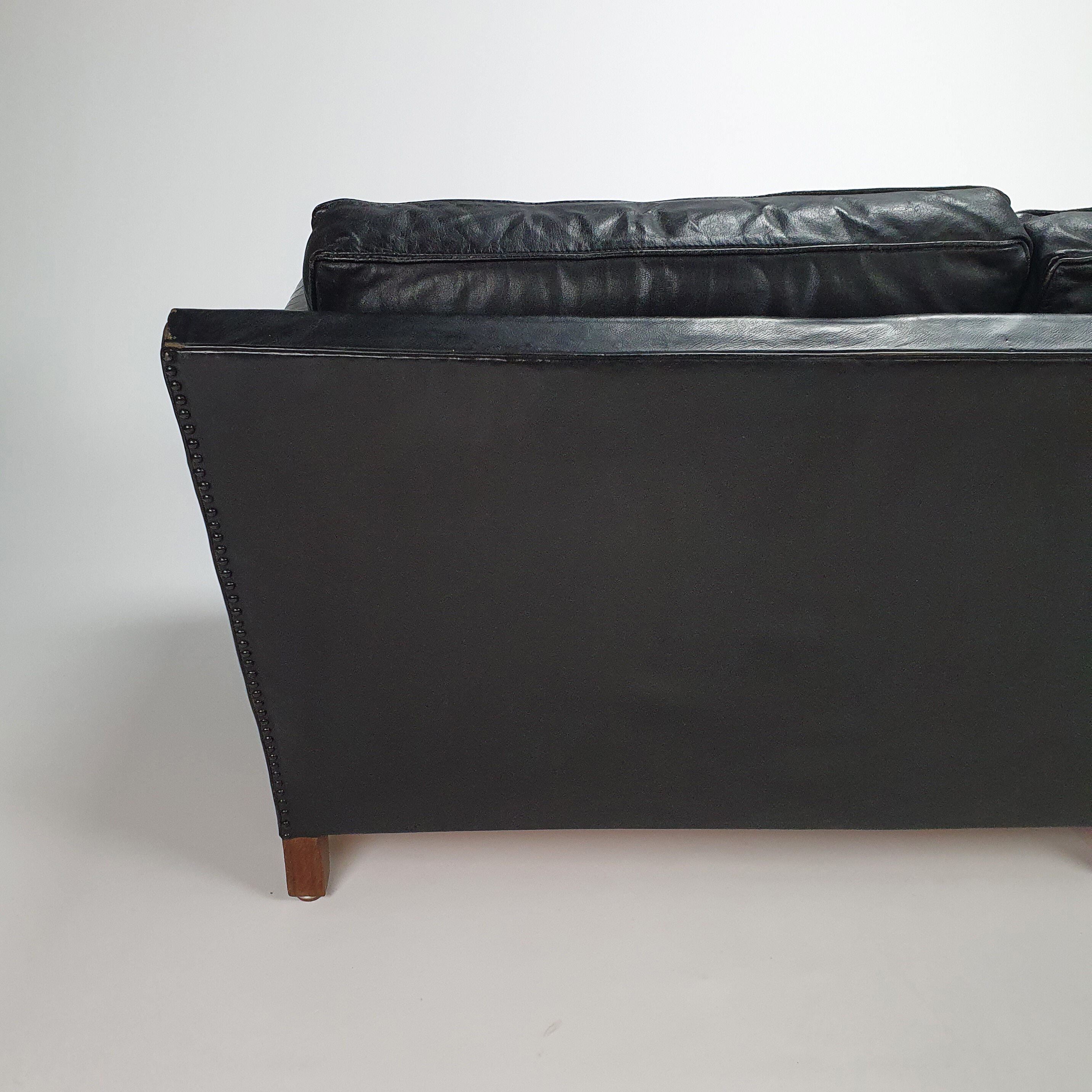 Mid century black leather scandinavian 3 seats sofa, 1950