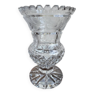 Cut and engraved crystal vase – vintage floral decoration