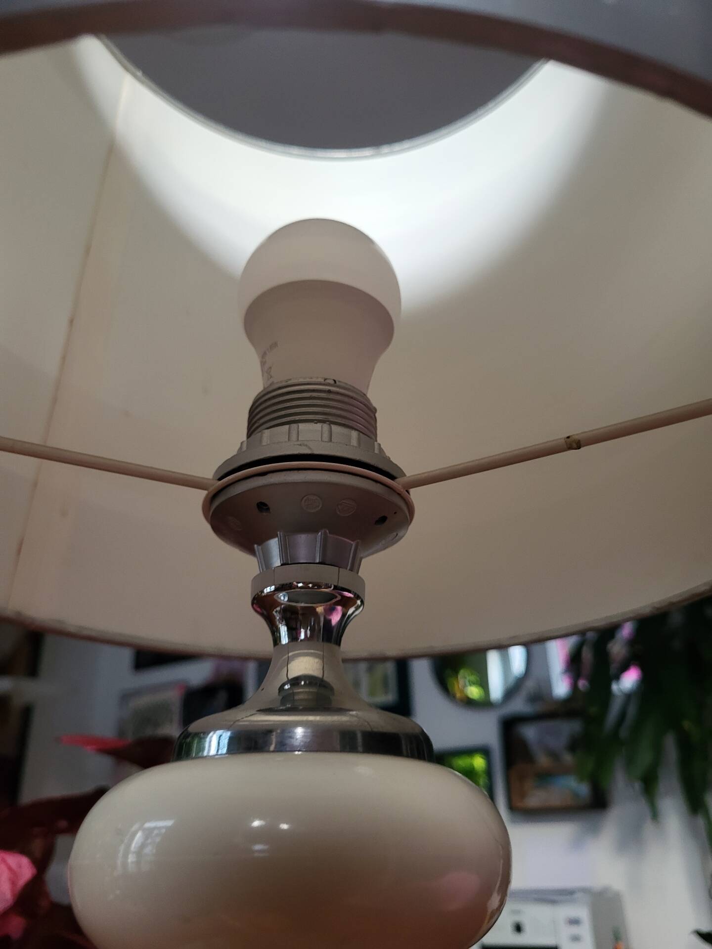 Large Vintage 1970 Space Age Chrome & Wood Lamp