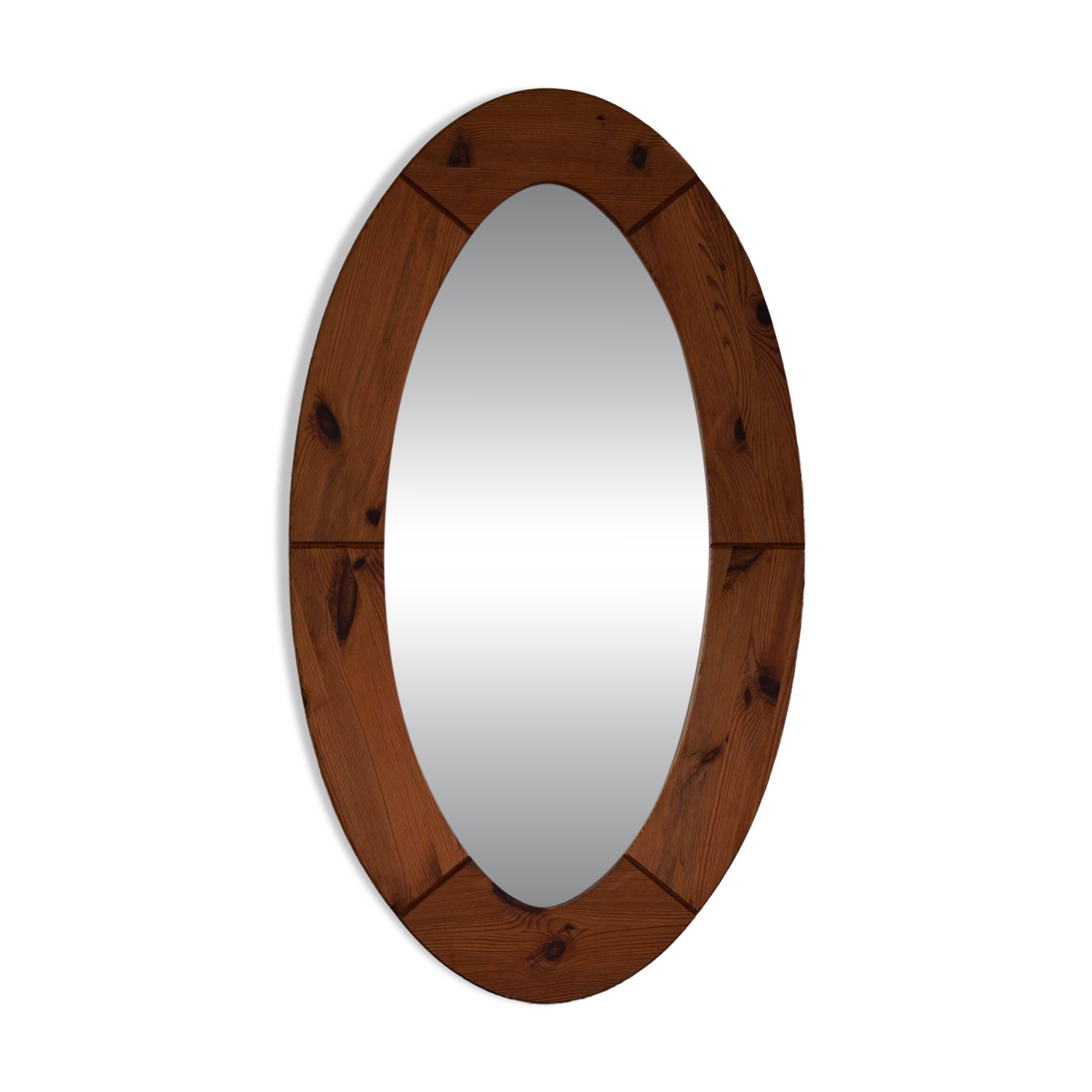 Large oval wall mirror in solid pine by Glasmäster Markaryd, Sweden, 1960s.