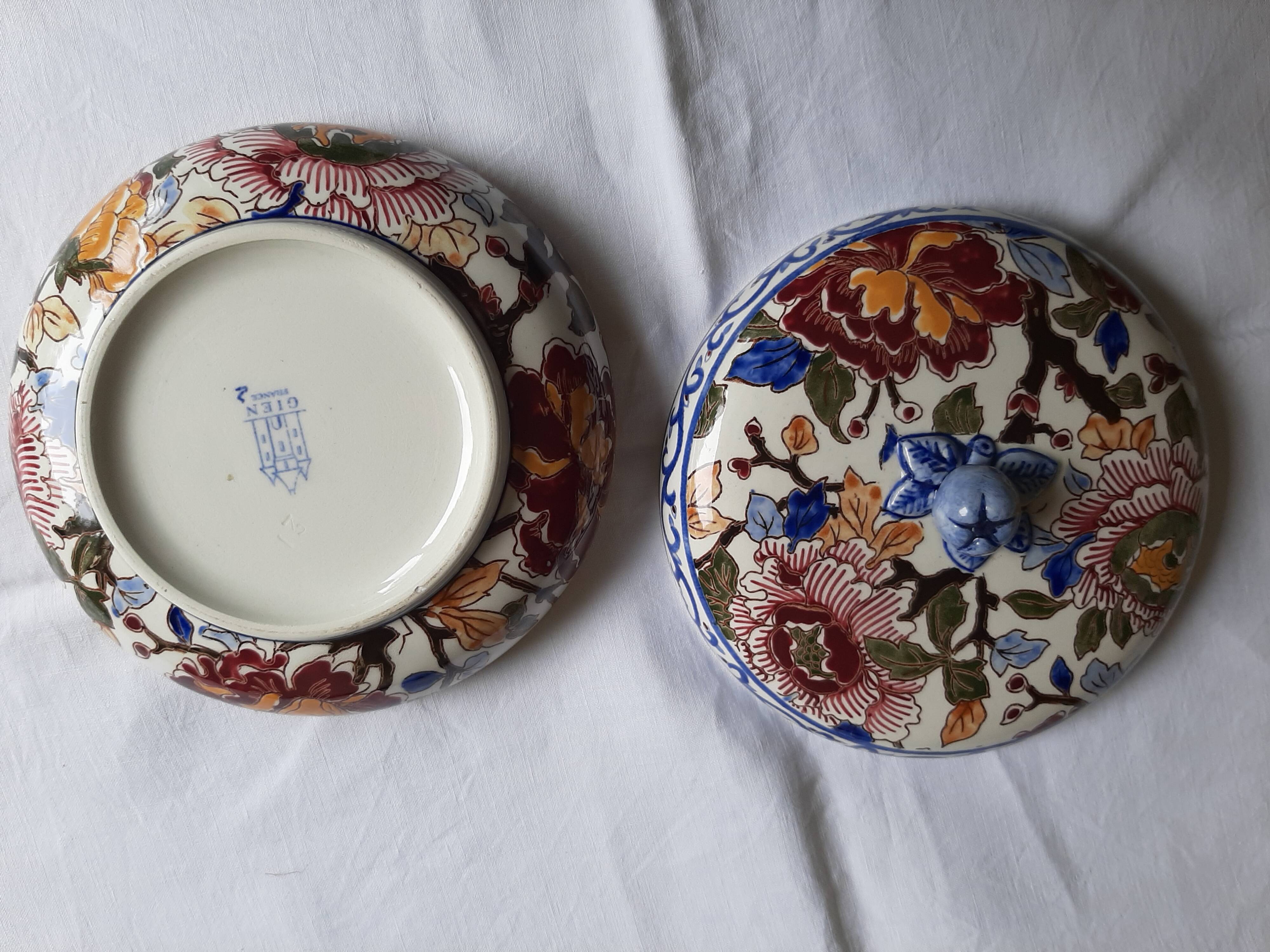 Gien faience candy box with peonies