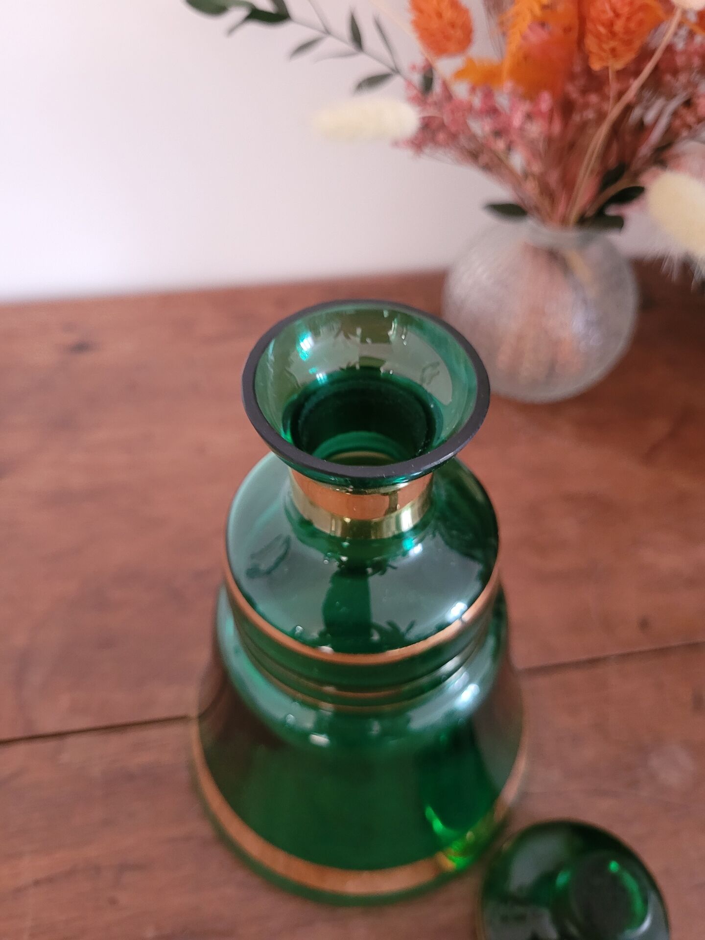 Green and gold glass carafe