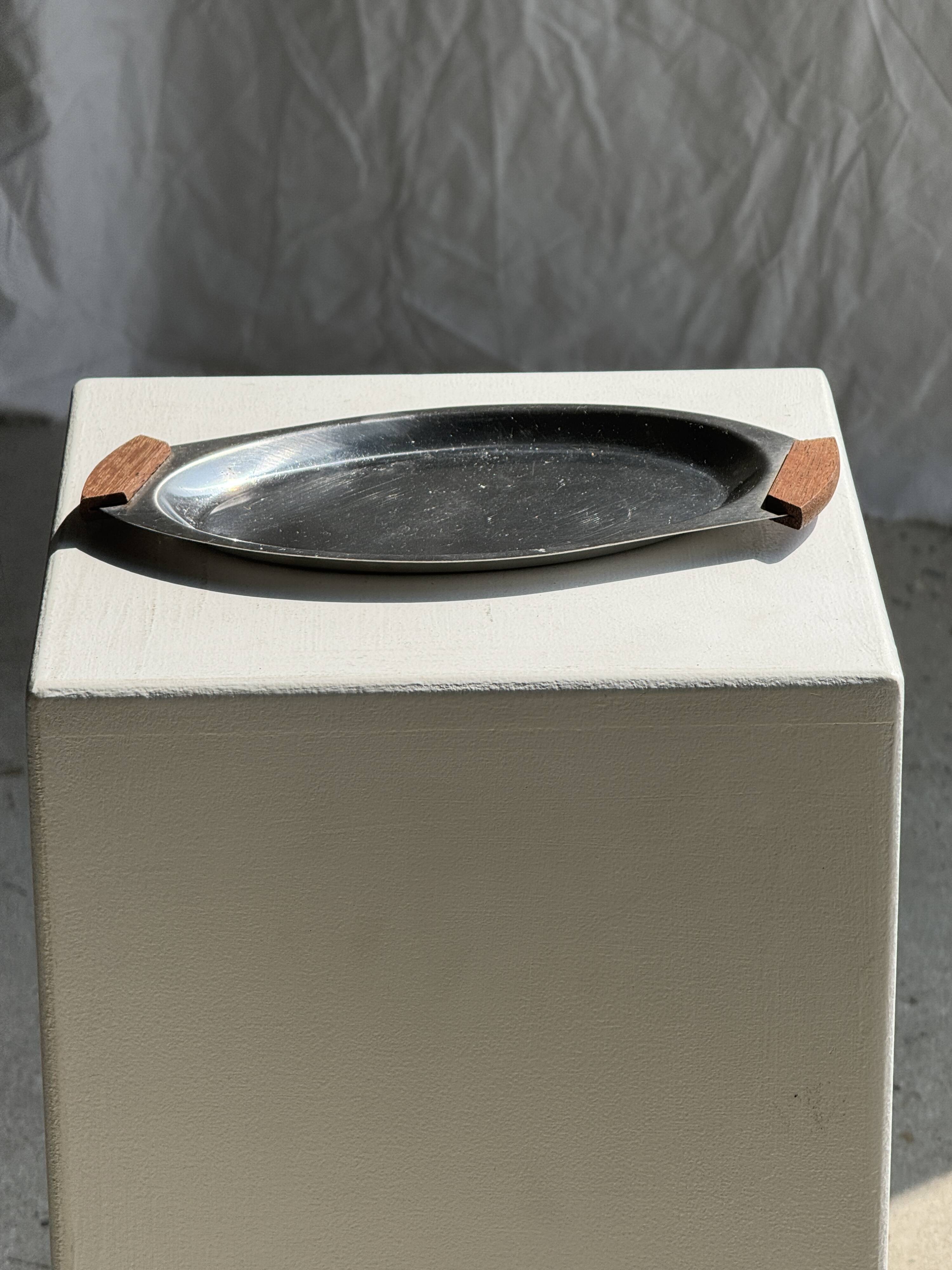 Small oval tray in modernist metal and wood