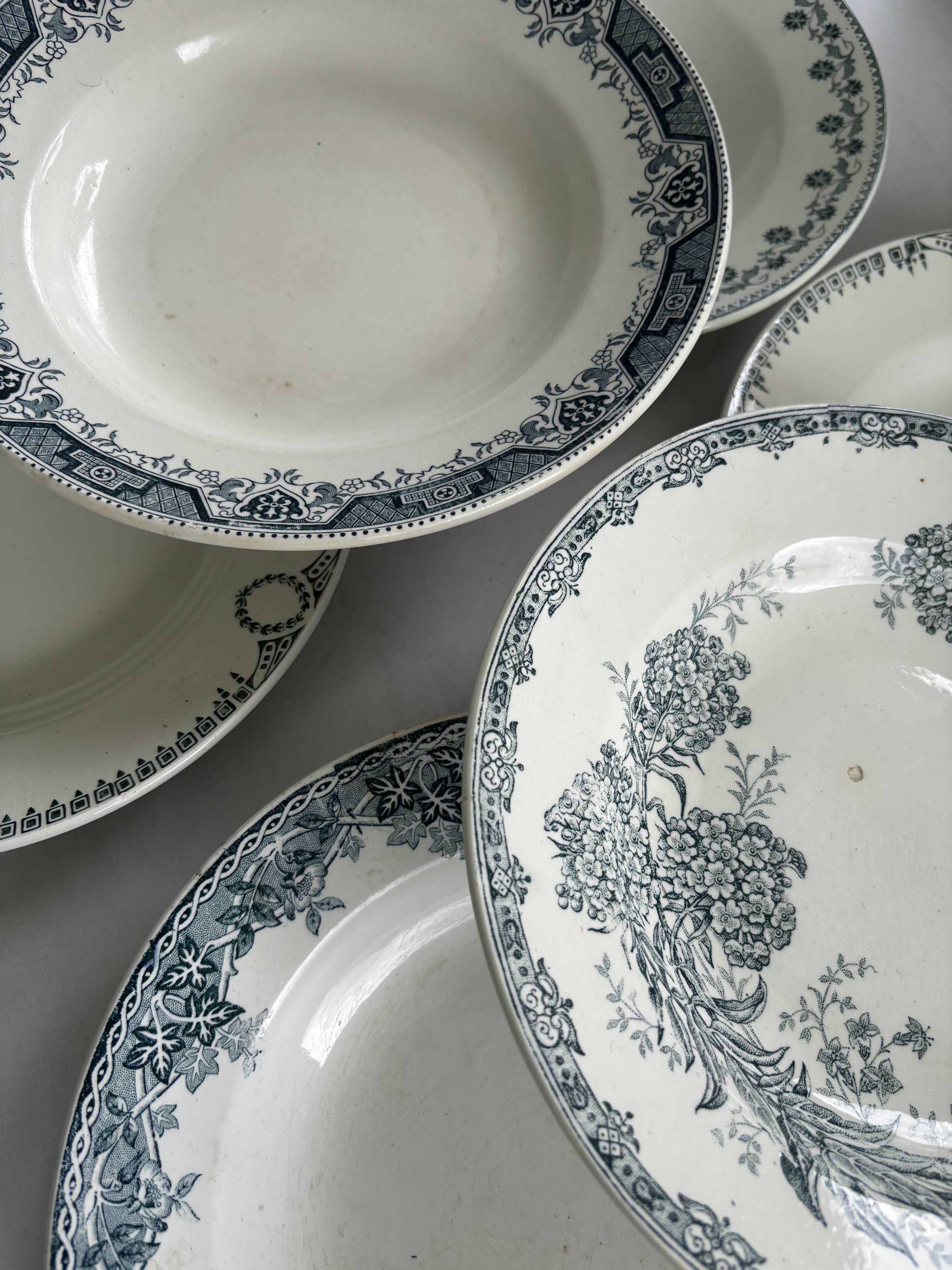 Set of 6 blue ironstone deep plates, antique French earthenware.