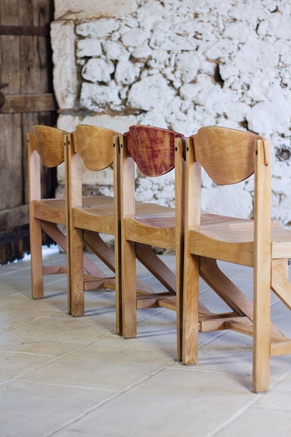 4 chaises de cantine en hêtre, 1980