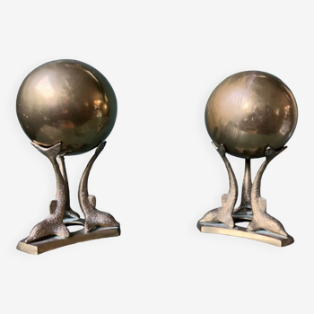 Mid century brass bookends dolphins with ball, france, 1950s