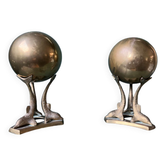 Mid century brass bookends dolphins with ball, france, 1950s