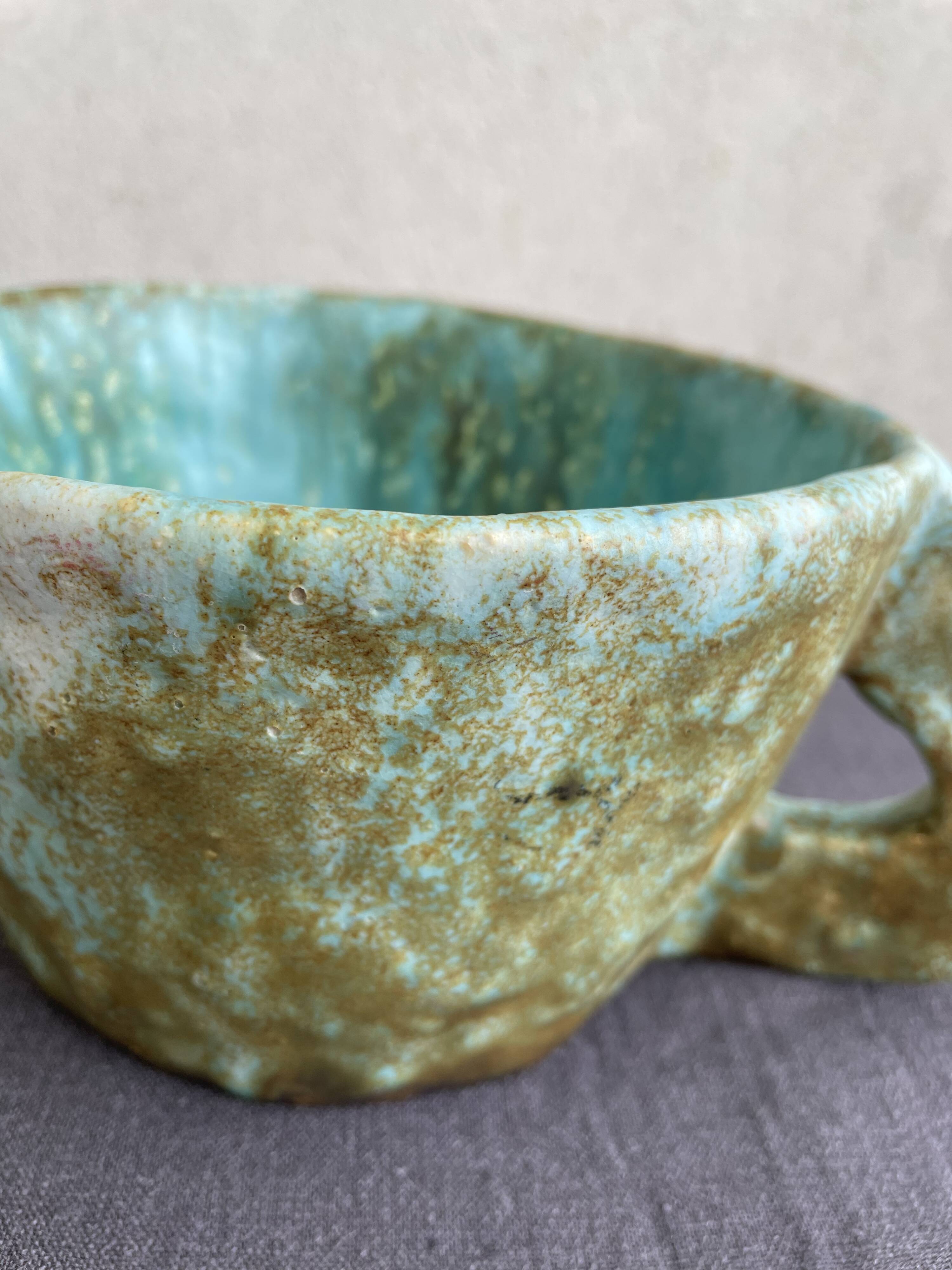 Stoneware bowl with handles, signed handmade ceramic.
