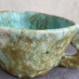 Stoneware bowl with handles, signed handmade ceramic.