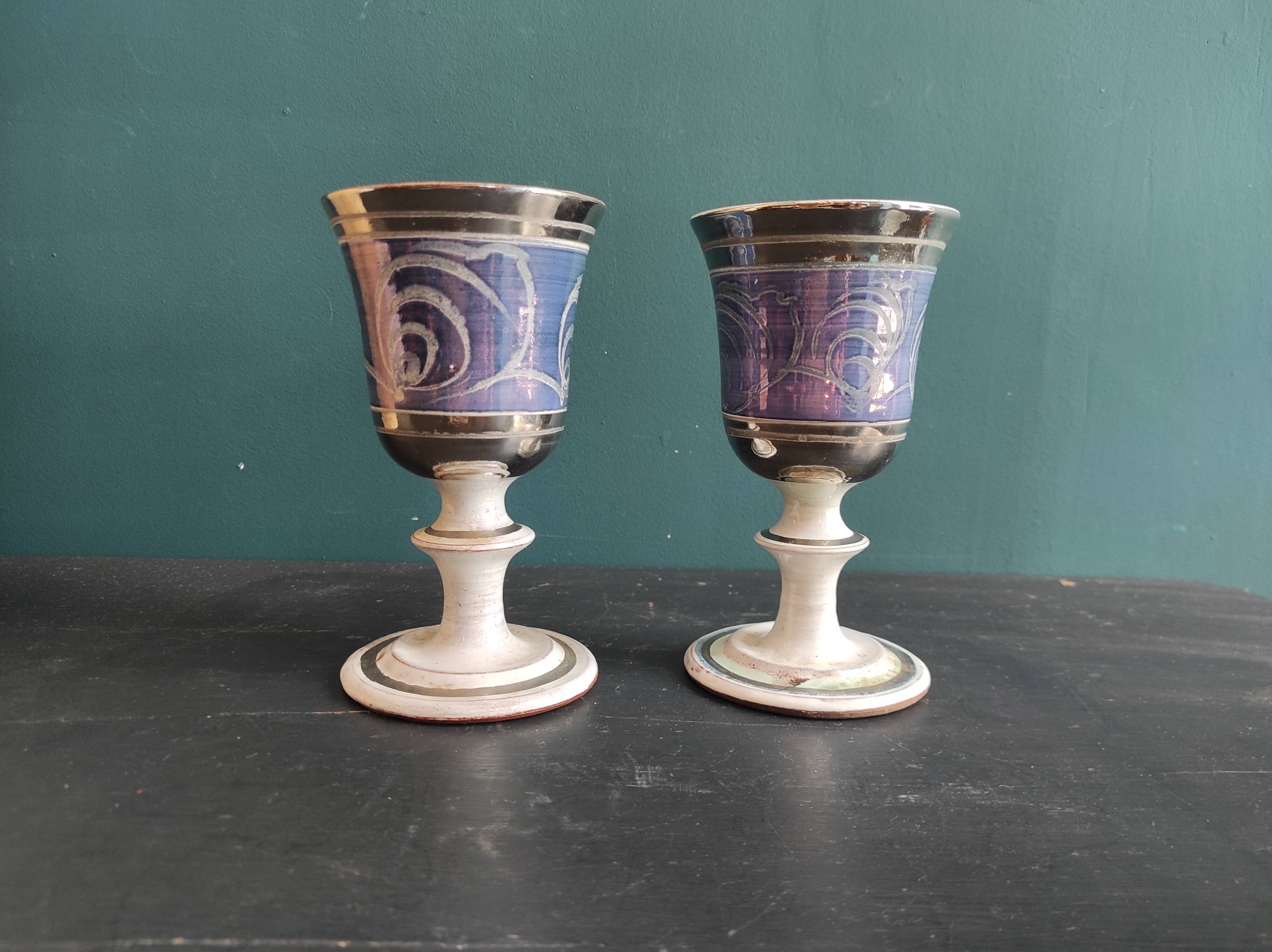 Set of 2 large ceramic glasses in blue and silver