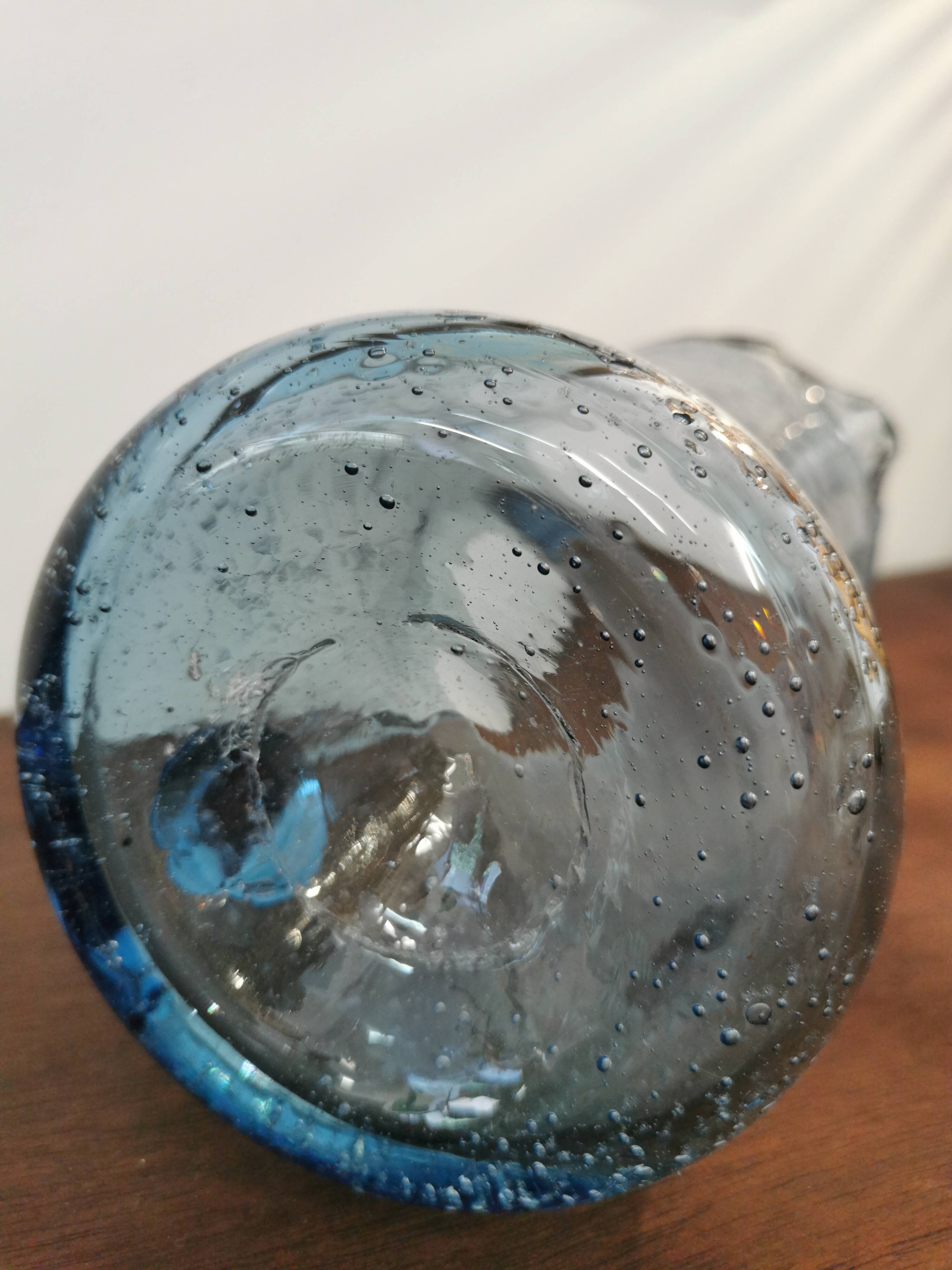 Vintage pitcher in blue bubbled glass Biot unsigned
