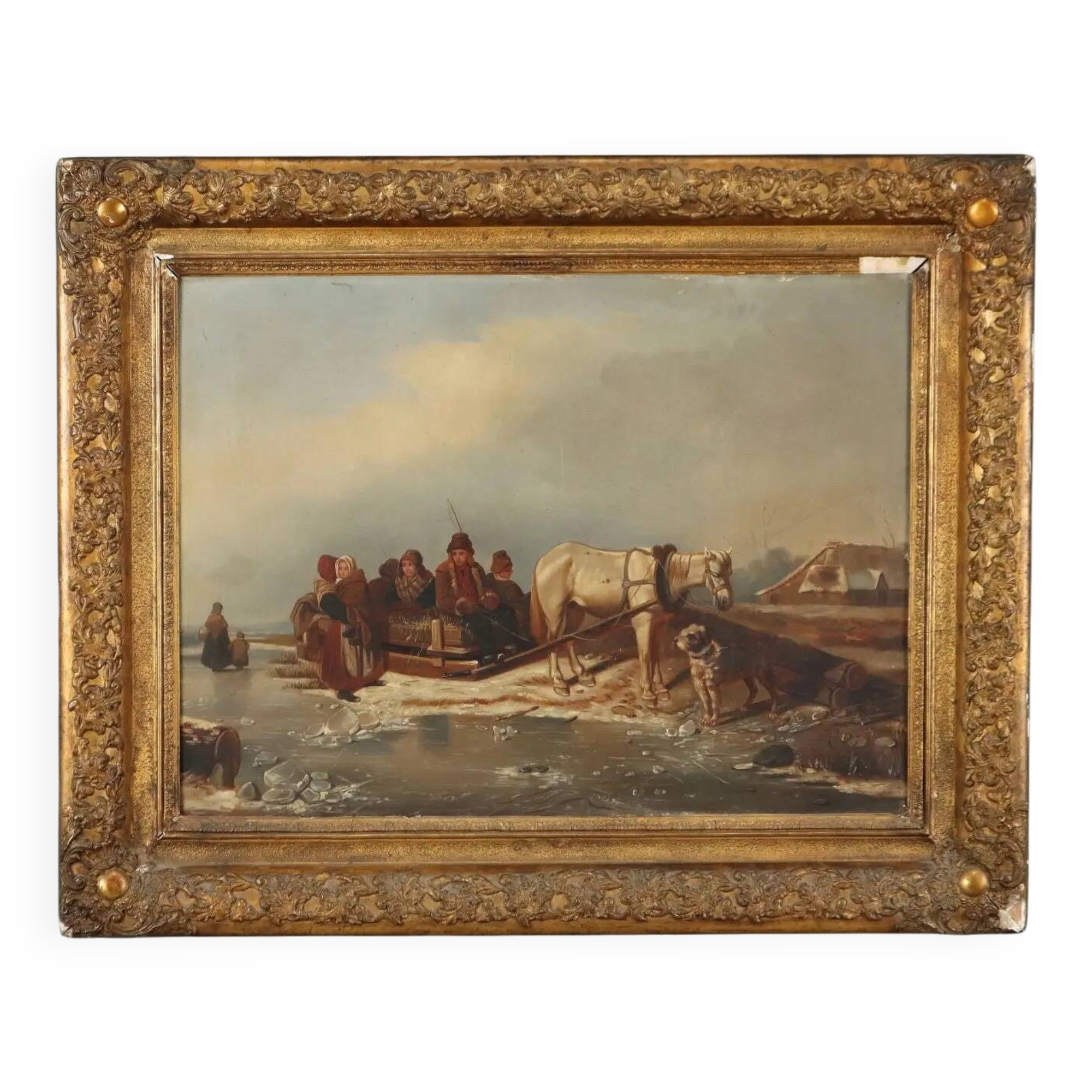 Ancient painting of a winter scene, oil on canvas, Northern Europe, 800s.