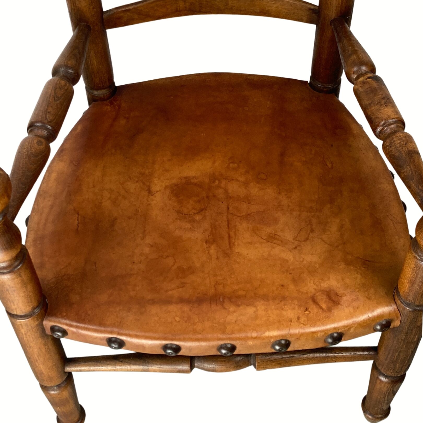 Rustic french farm chair, leather seat ca 1930s-1950s
