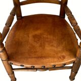 Rustic french farm chair, leather seat ca 1930s-1950s