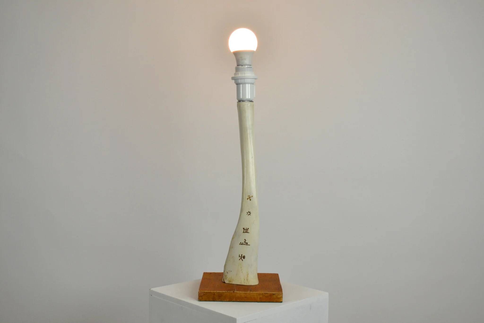 Scandinavian Studio Table Lamp in Carved Bone with Symbolic Decoration, c. 1950s–1970s