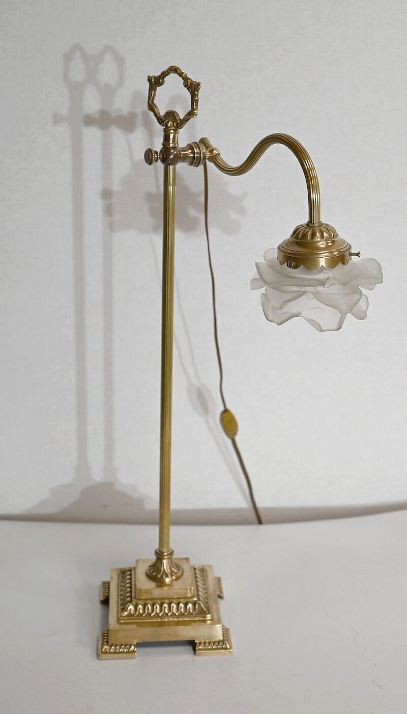 Tulip lamp in glass and bronze, adjustable, art deco 1920