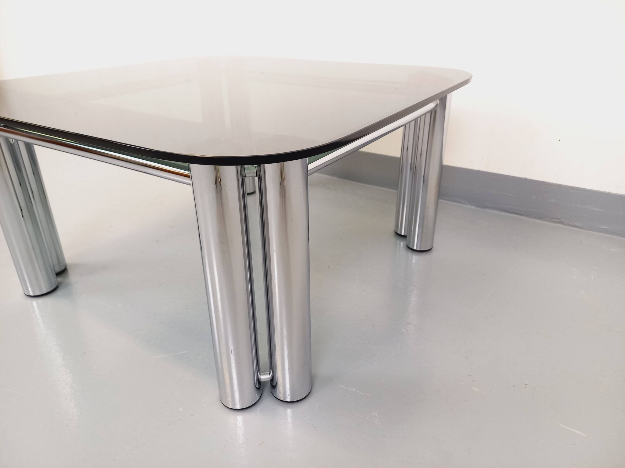 Vintage Italian Space Age square coffee table in smoked glass and chrome metal