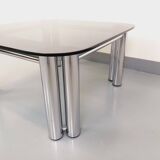 Vintage Italian Space Age square coffee table in smoked glass and chrome metal