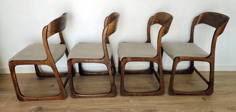 Set of 4 vintage Baumann "Sled" chairs in bent wood.