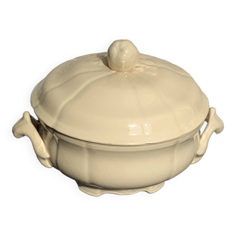 Soup tureen, earthenware from Longchamp France, enameled ceramic, slip, apple-shaped handle