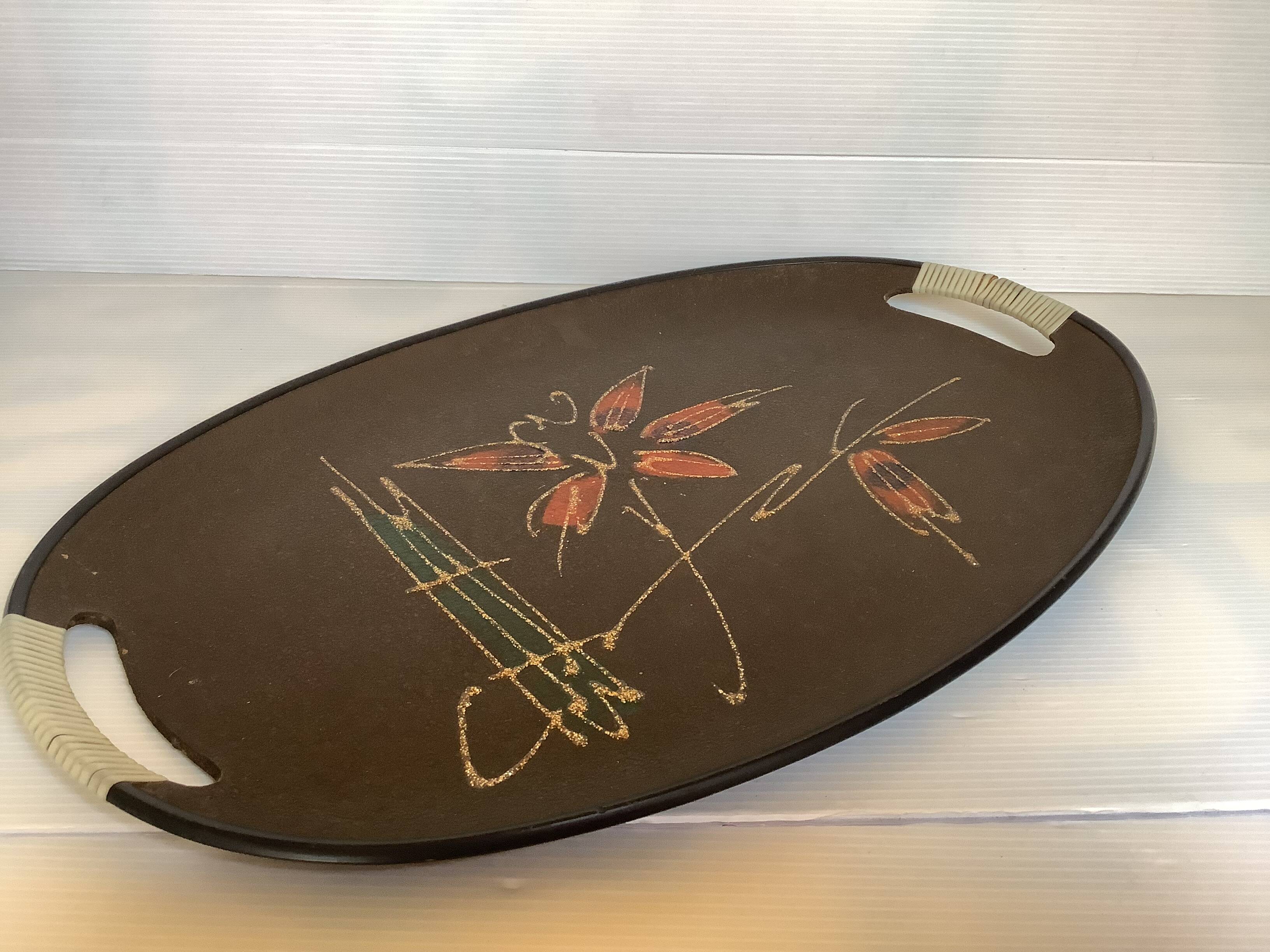Oval tray glittery flowers handles scoubidou japan