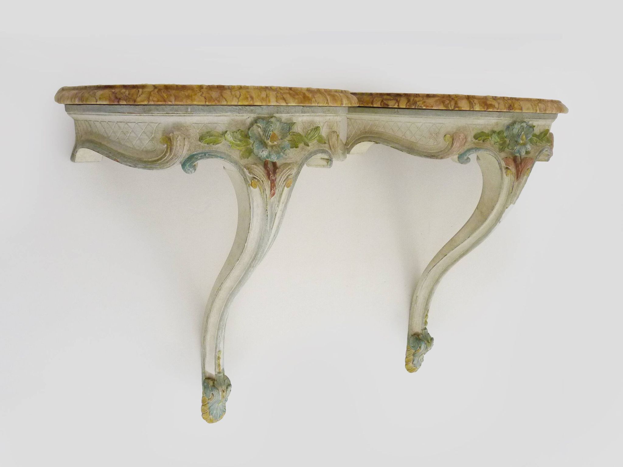 Pair of wall consoles Maison Jean Mocque in Paris in Louis XV style in lacquered polychrome wood