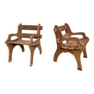 Pair of brutalist teak armchairs