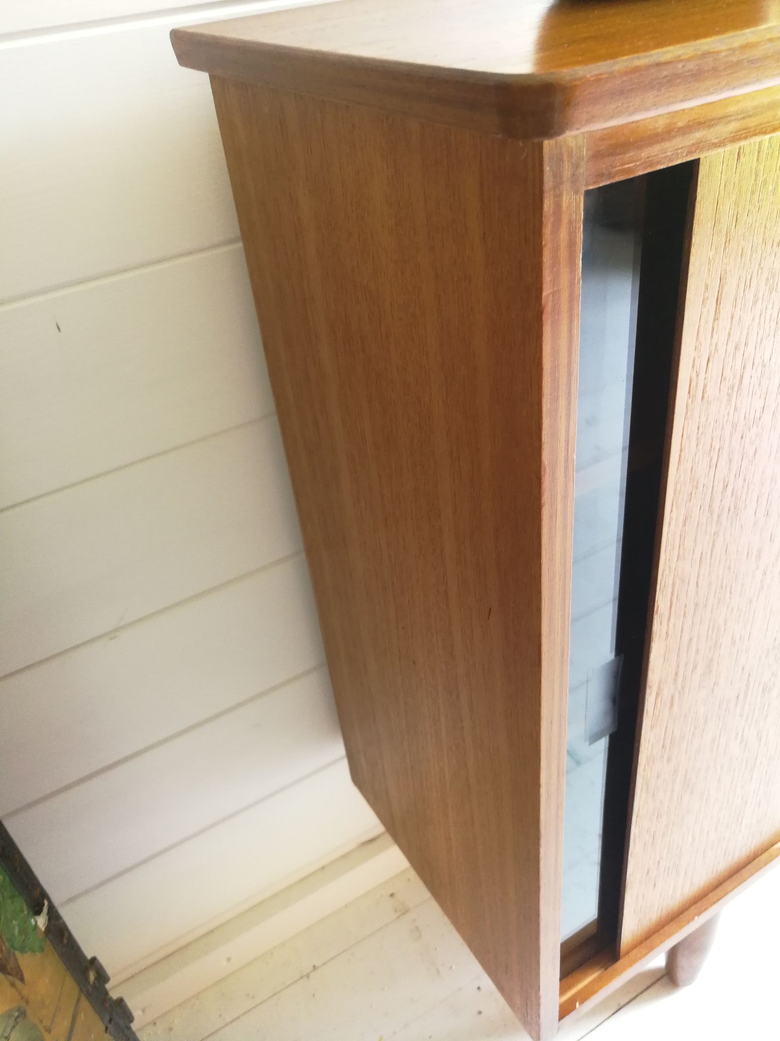Mid Century Vintage Teak Sideboard Display Bookcase Cabinet 1960'S Sliding Glass And Teak Doors