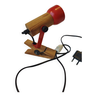 Vintage clip-on spot lamp in wood and red metal
