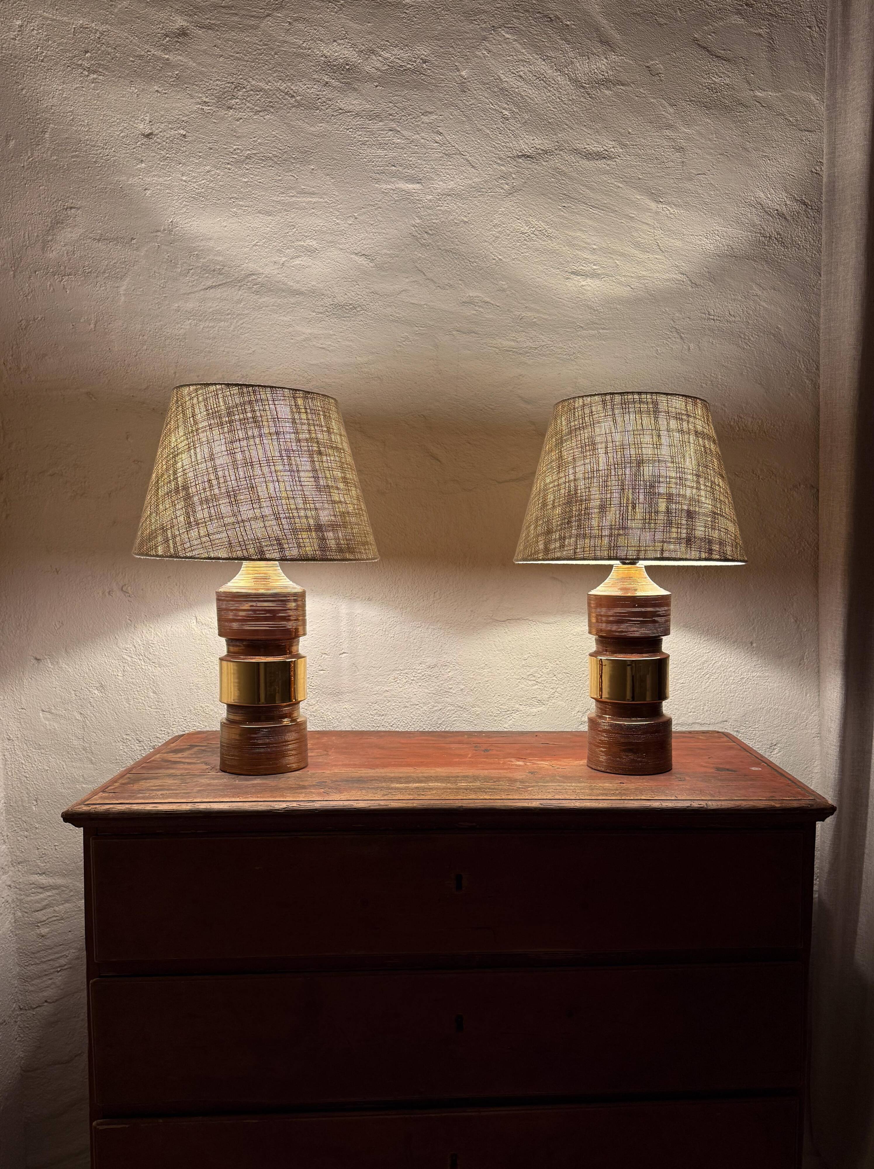 Vintage Bergboms Bitossi table lamps, ceramic with copper glaze, Sweden 1960s.