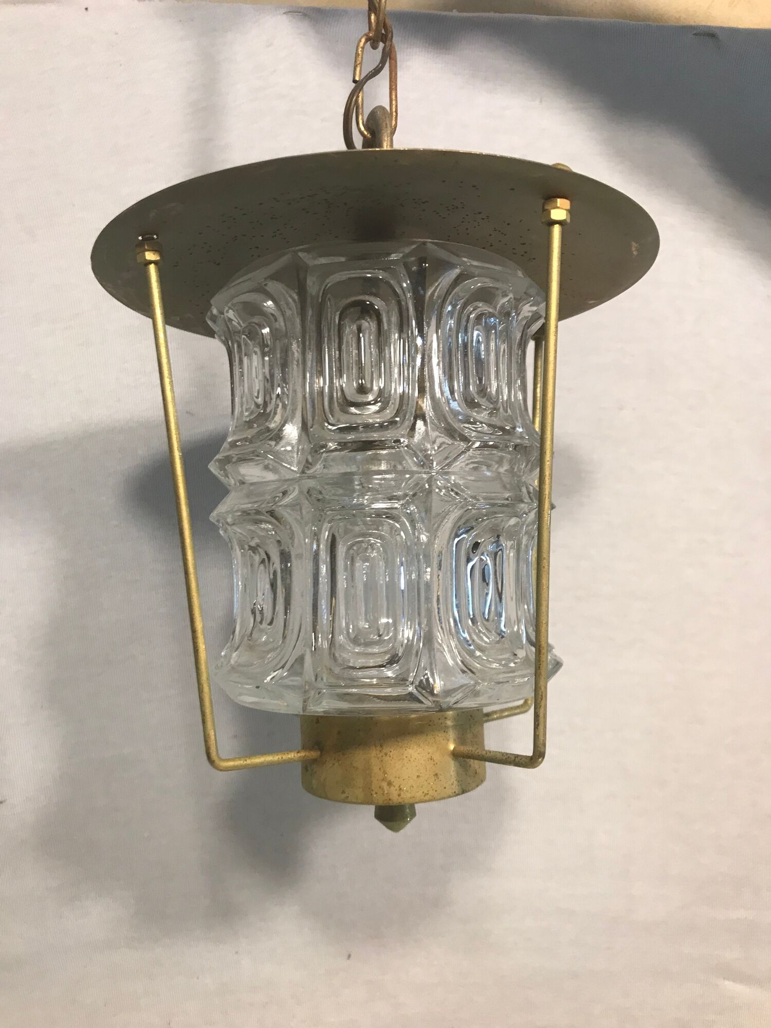 Old Lantern Golden Metal hanging Glass Molded Vintage 70years