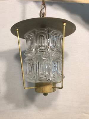 Suspension ancienne lanterne métal doré verre moulé années 70 vintage