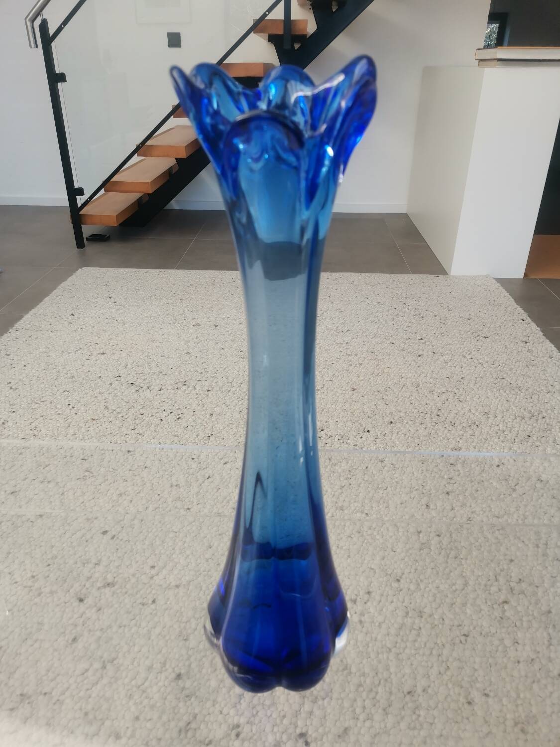 Tall Blue Murano Style Art Glass Vase, Mid-Century Modern Design, 1960