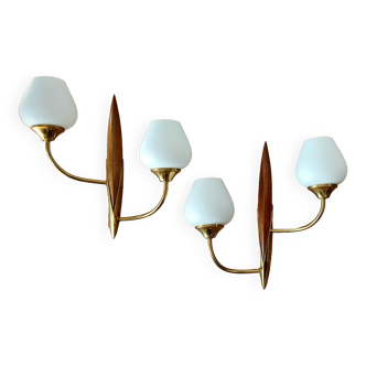 Pair of wood and gilded brass sconces 1950 boat hulls with 2 lights.