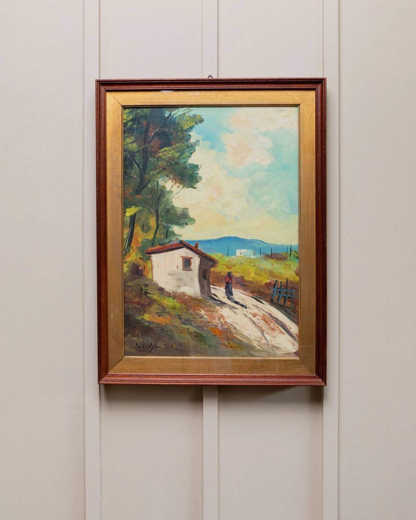 XL Vintage Oil Painting on Wood Panel in a Golden Frame, 1960s Italy Landscape with Woman