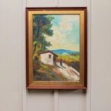 XL Vintage Oil Painting on Wood Panel in a Golden Frame, 1960s Italy Landscape with Woman