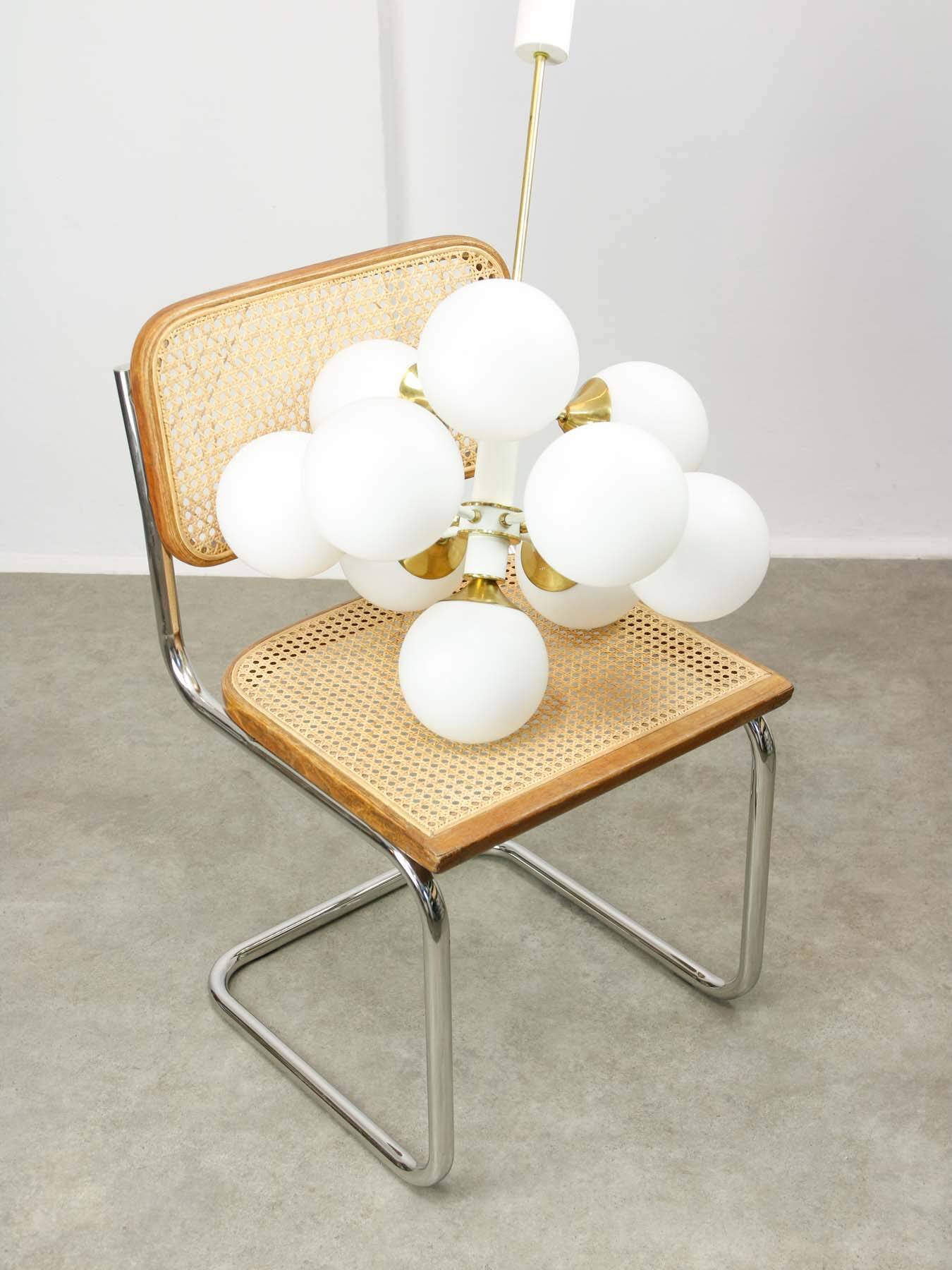 Vintage Italian Brass and Opaline 10 Arm Sputnik Chandelier, 1970s