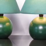 Pair of small green wooden ball lamps