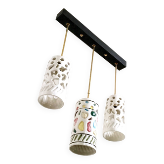 Vintage Chandelier with Cylindrical Ceramic Lampshades by Ceramiche Pucci, Italy