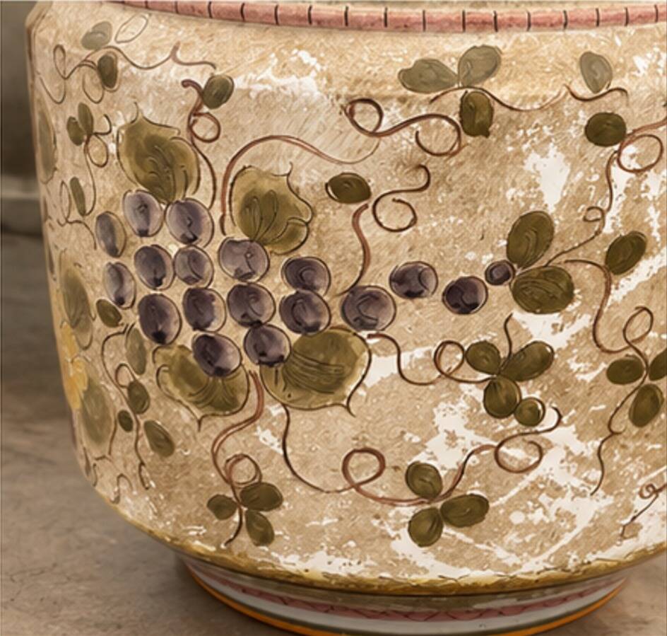 Large Italian Hand-Painted Ceramic Jardinière with Floral and Grape Motifs,